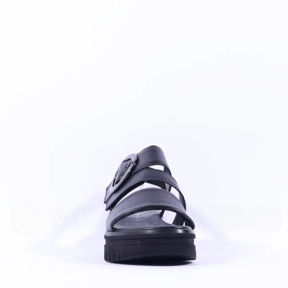 Women Gabor Amarillo Ring Buckle Platform Sand - Black Leather
