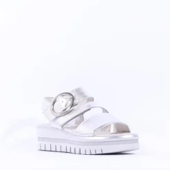 Women Gabor Amarillo Ring Buckle Platform Sand - Silver Leather