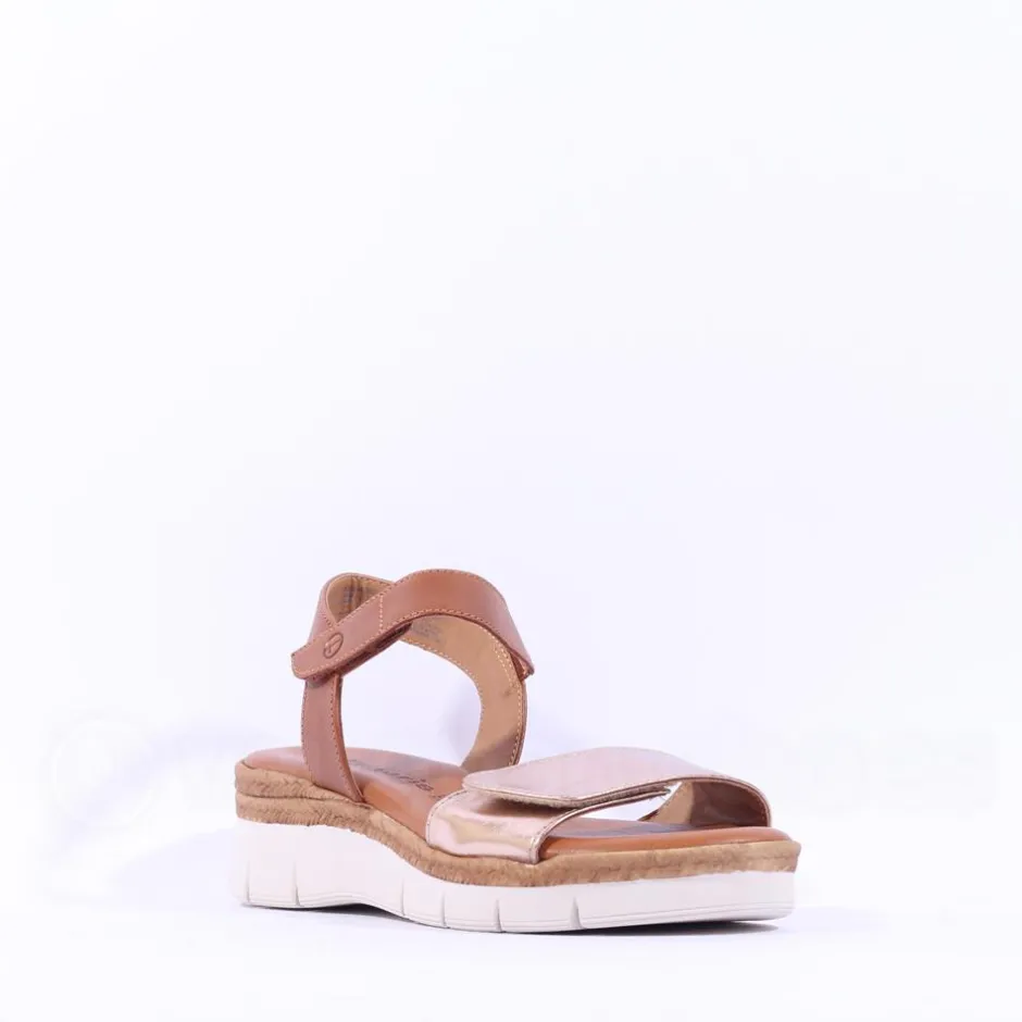 Women Tamaris Andira 2 Velcro Strap Low Sandal - Cognac Combi