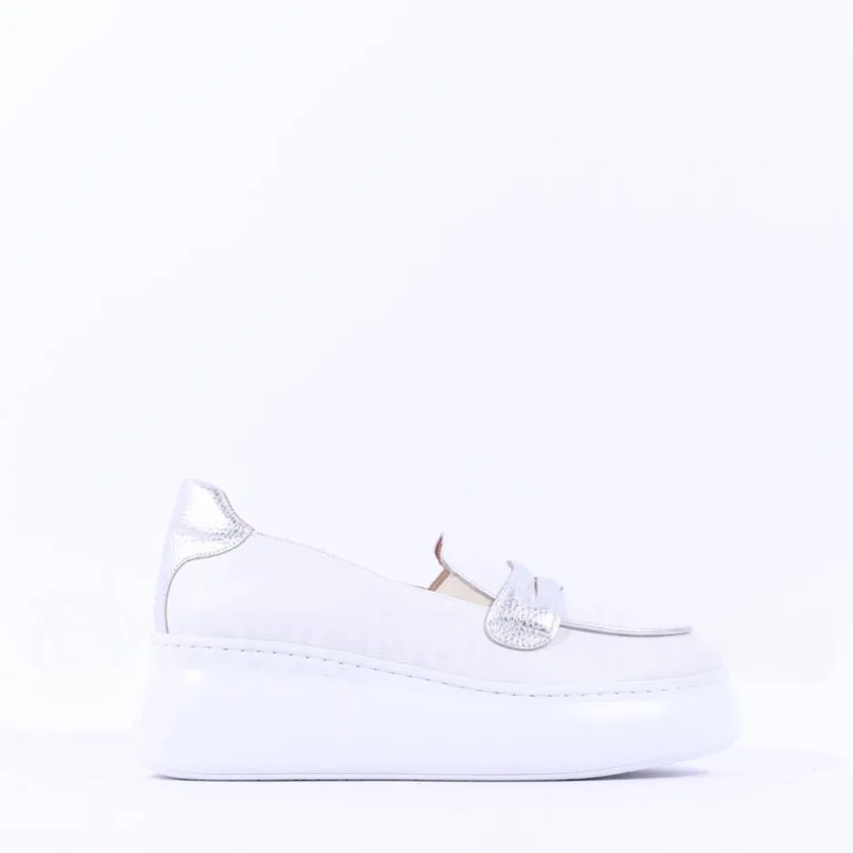 Women Wonders Bacan Curvy Sole Slip On Wedge - White Silver Leather