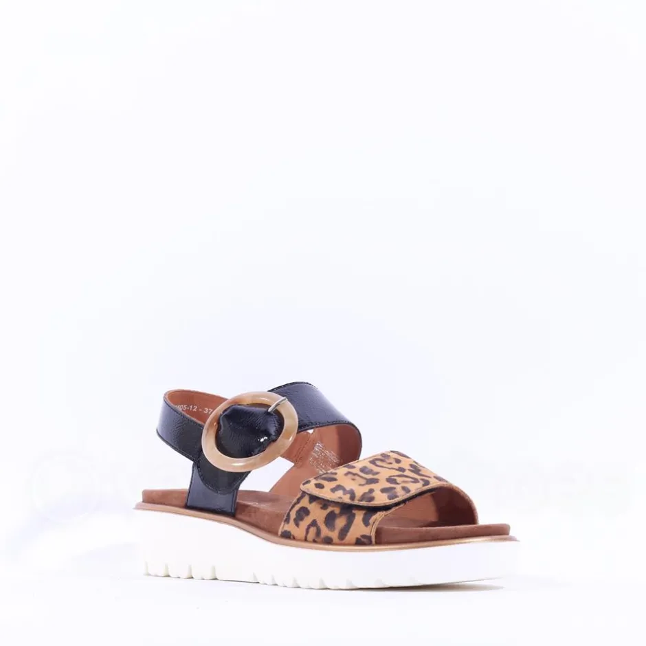 Women Ara Bilbao Twin Velcro Wedge Sandal - Black Leopard Combi