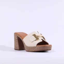 Women Oh My Sandals Block Heel Mule Link - Cream Gold