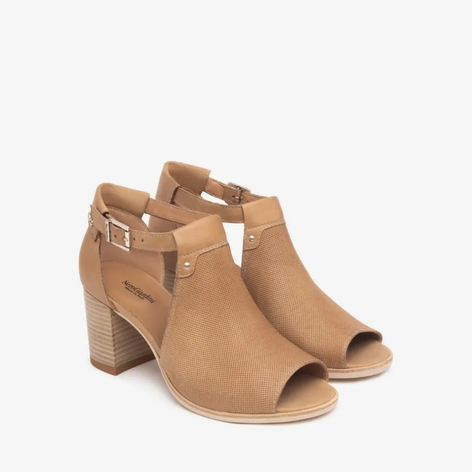 Women NeroGiardini Block Heel Peeptoe Sandal - Camel