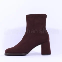 Women Miss Elastic Block Heel Sock Boot - Brown Suede