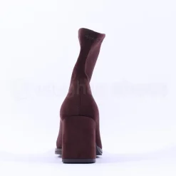Women Miss Elastic Block Heel Sock Boot - Brown Suede