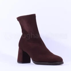 Women Miss Elastic Block Heel Sock Boot - Brown Suede