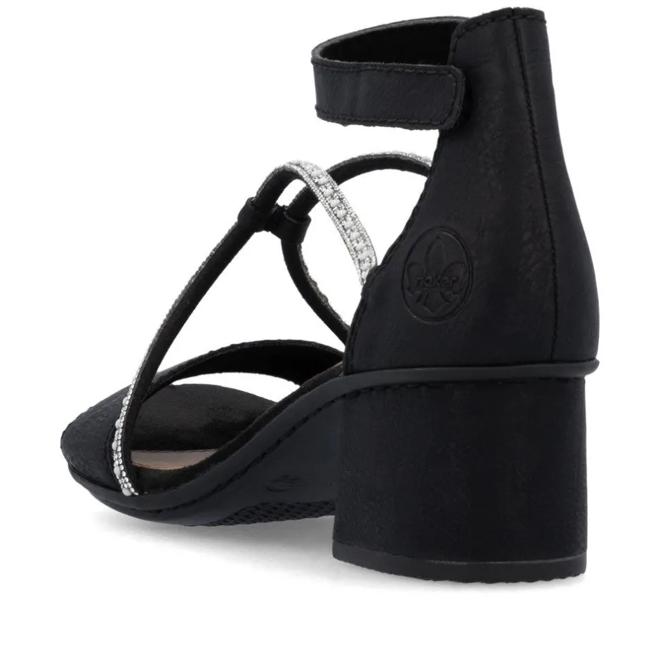 Women Rieker Block Heel Strappy Sandal - Black Sparkle