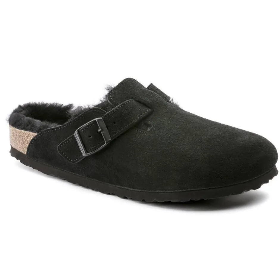 Women Birkenstock Boston Shearling Slipper - Black Suede