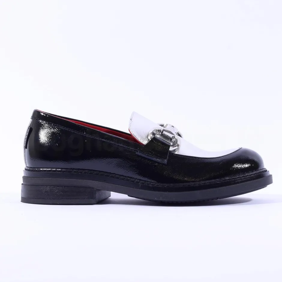 Women Marco Moreo Cambridge 2 Tone Link Loafer - Black Silver Patent