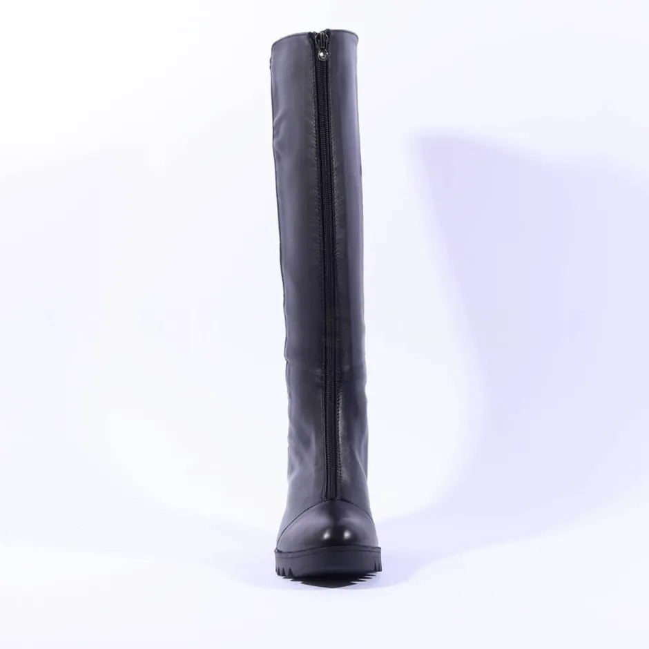 Women Marco Moreo Chiara Front Zip Wedge Knee - Black Leather