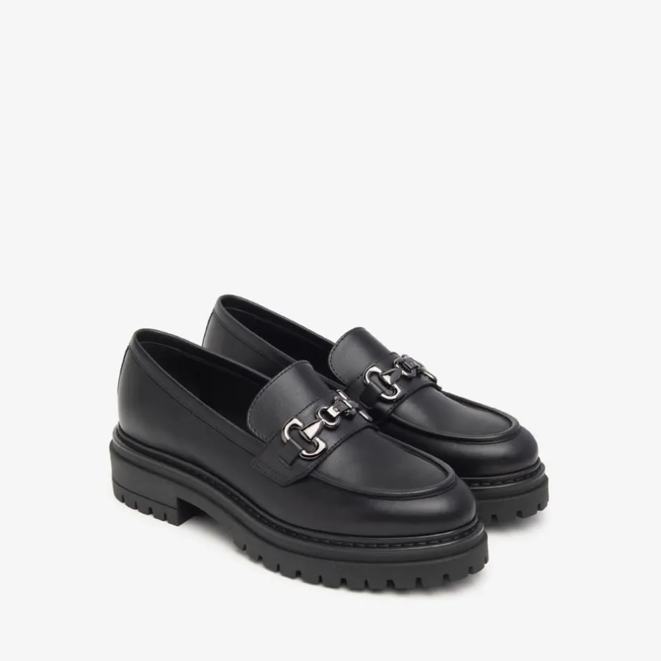 Women NeroGiardini Chunky Sole Link Loafer - Black Leather