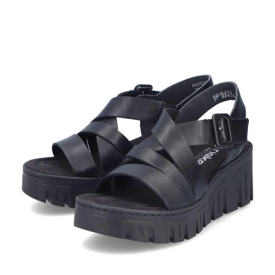 Women Rieker Cross Strap Wedge Platform Sandal - Black