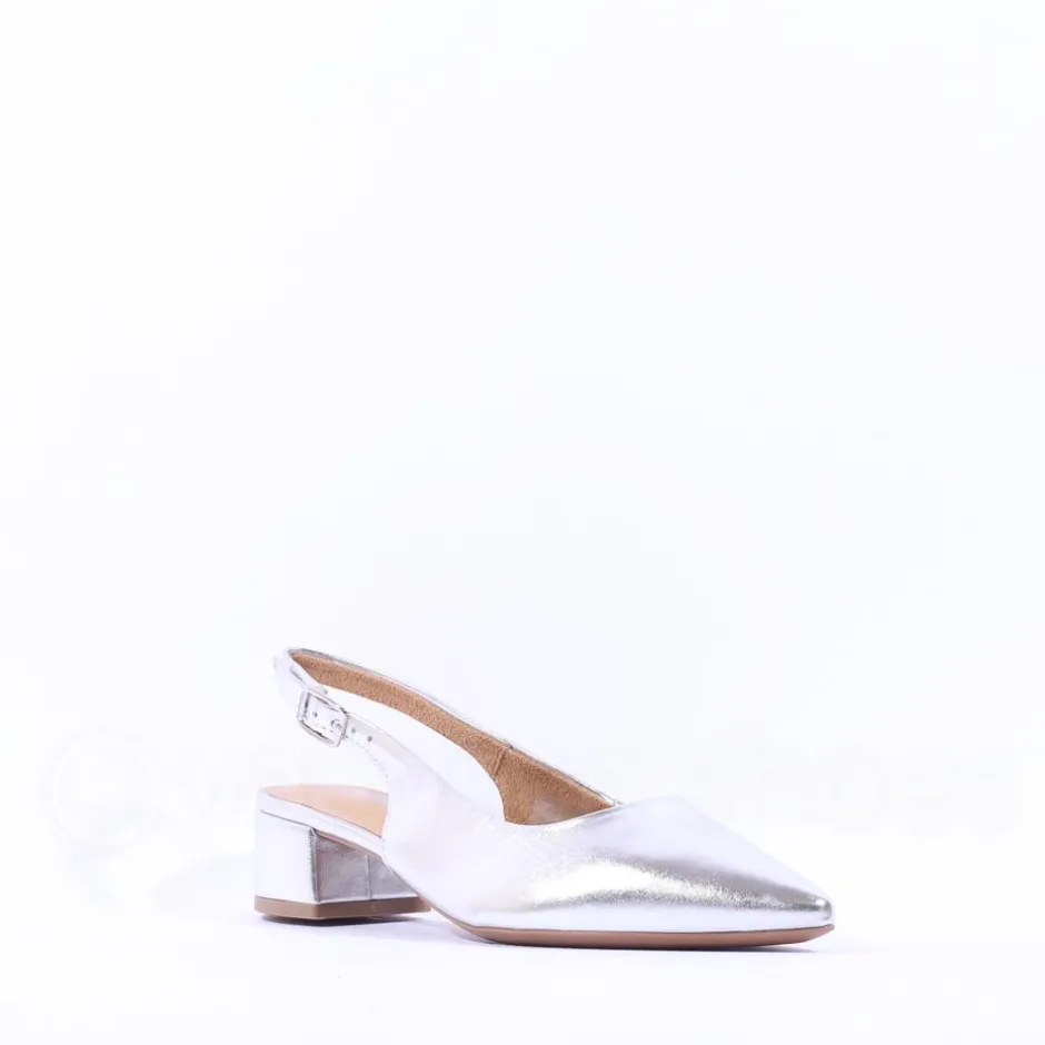 Women Tamaris Cupone Low Block Heel Slingback - Silver Metallic