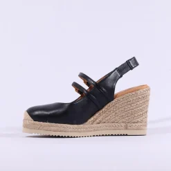 Women Unisa Cyntia Two Strap Espadrille Wedge - Black Leather