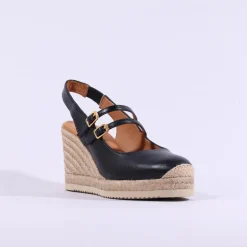 Women Unisa Cyntia Two Strap Espadrille Wedge - Black Leather