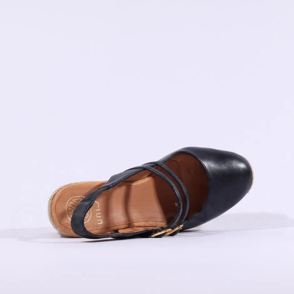 Women Unisa Cyntia Two Strap Espadrille Wedge - Black Leather