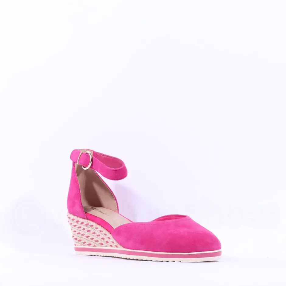 Women Tamaris Dajana Espradrille Wedge Sandal - Fuchsia Suede