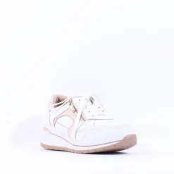 Women Caprice Danica Side Zip Wedge Trainer - White Gold Leather
