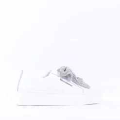 Women Marco Moreo Diamante Bow Low Trainer - White Leather