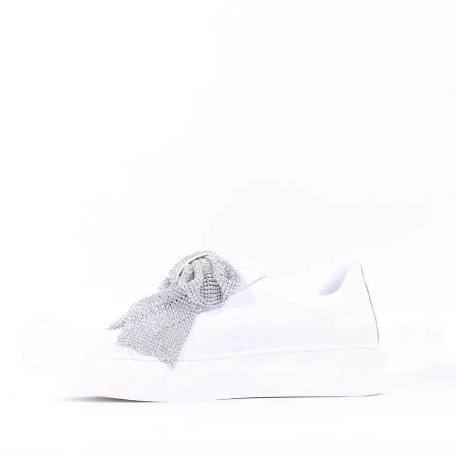 Women Marco Moreo Diamante Bow Low Trainer - White Leather