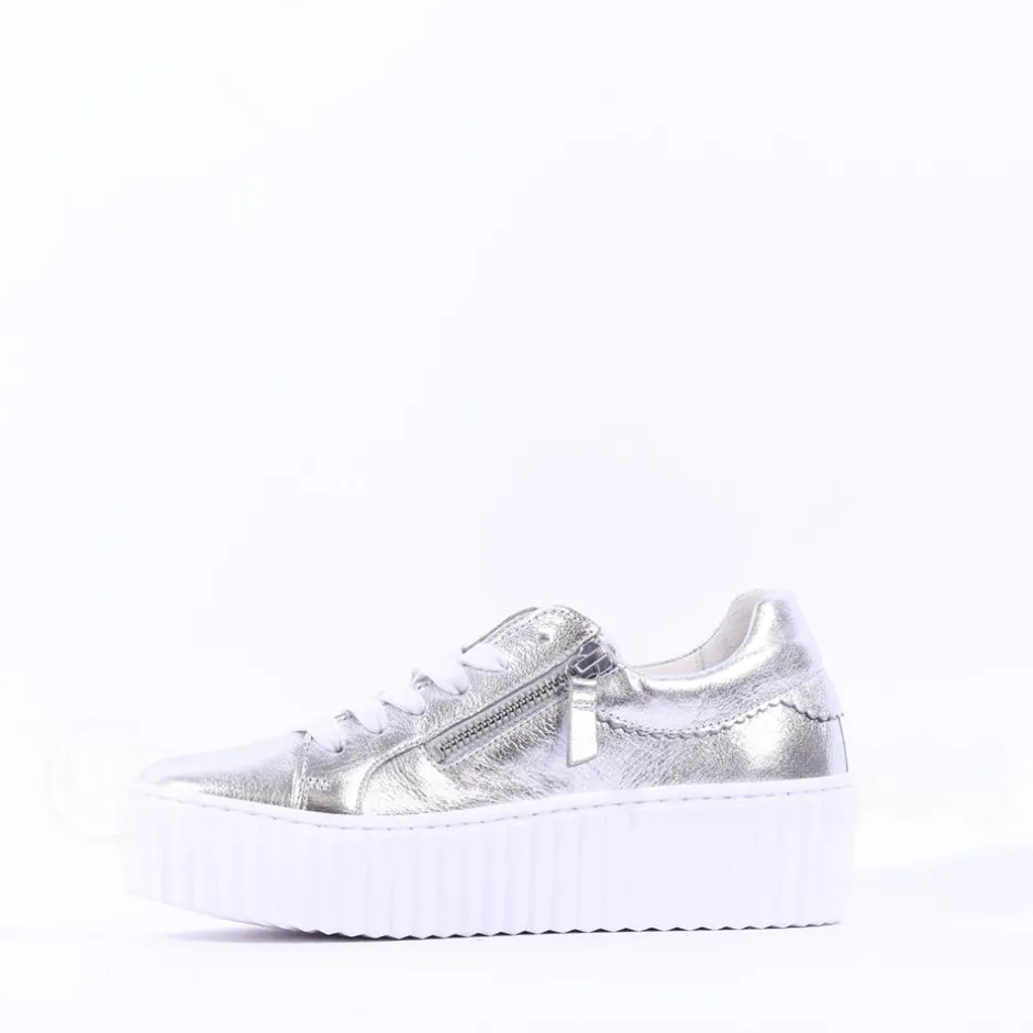 Women Gabor Dolly High Platform Zip Trainer - Silver Leather
