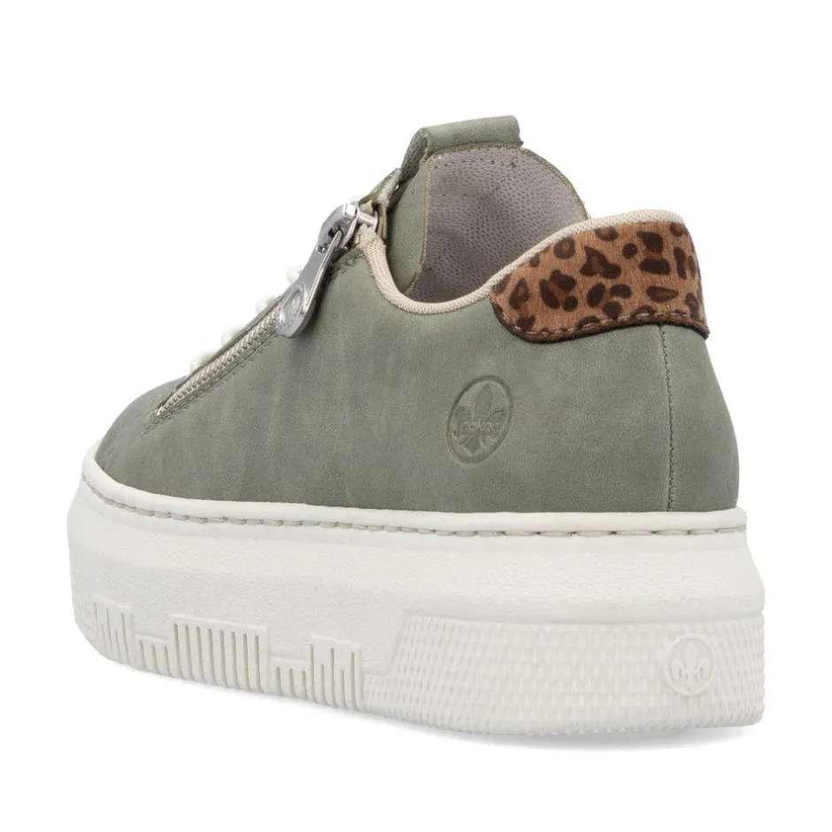 Women Rieker Elasticated Lace Platform Trainer - Green Leopard