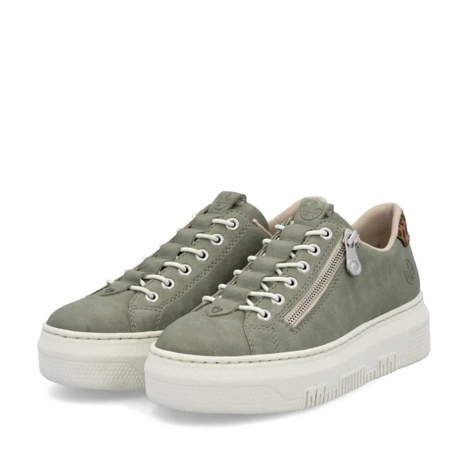 Women Rieker Elasticated Lace Platform Trainer - Green Leopard