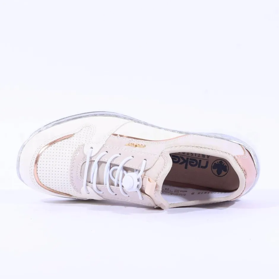 Women Rieker Elasticated Lace Slip On Trainer - Cream Rose Gold