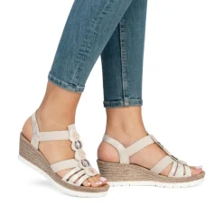Women Rieker Elasticated Wedge Sandal - Beige Metallic