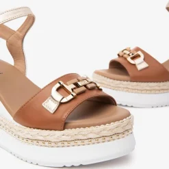 Women NeroGiardini Espadrille Trim Wedge Link - Tan Gold