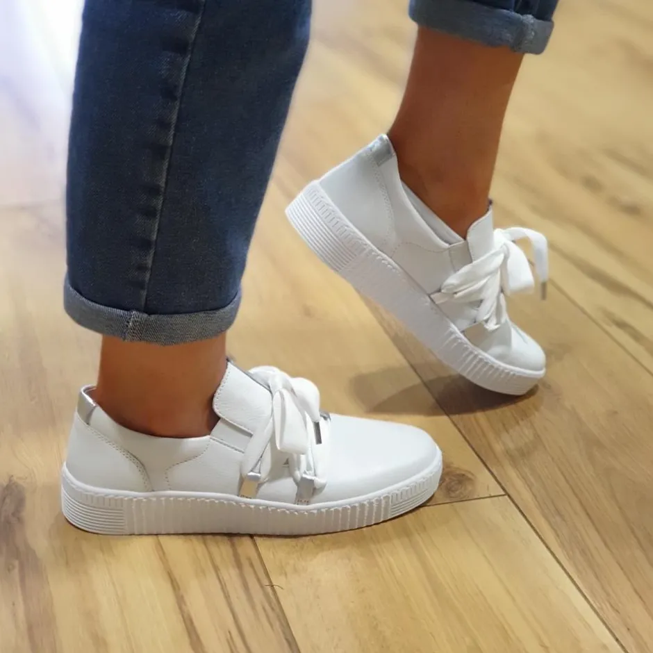 Women Gabor False Ribbon Lace Trainer Waltz - White Leather