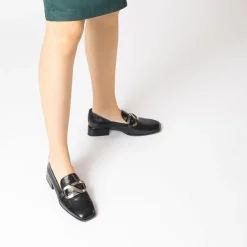 Women Wonders Flare Heel Slip On Buckle Loafer - Black Lea