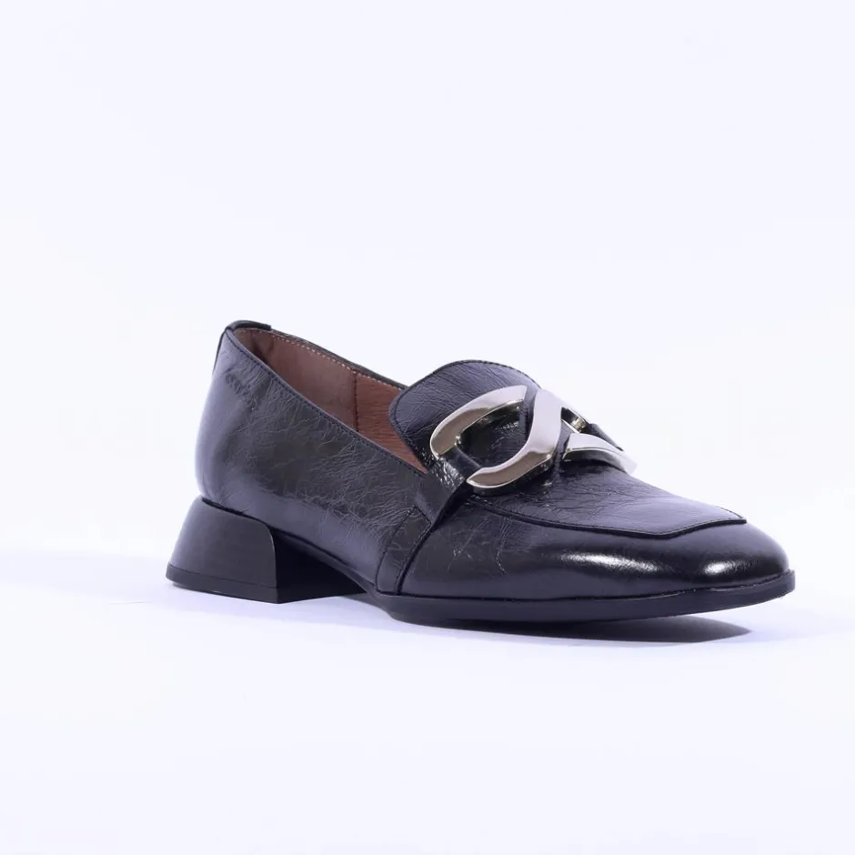 Women Wonders Flare Heel Slip On Buckle Loafer - Black Lea