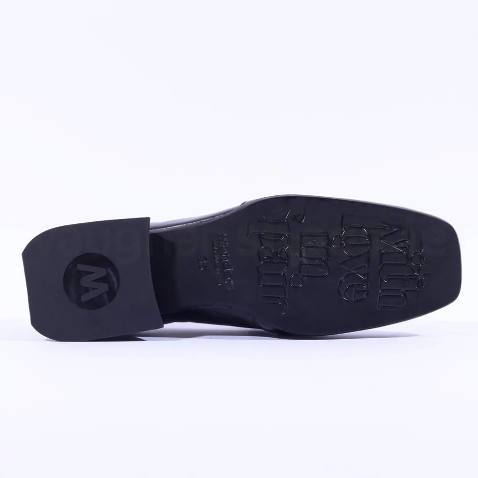 Women Wonders Flare Heel Slip On Buckle Loafer - Black Lea