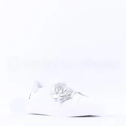Women Marco Moreo Flower Brooch Low Trainer - White Silver Leather