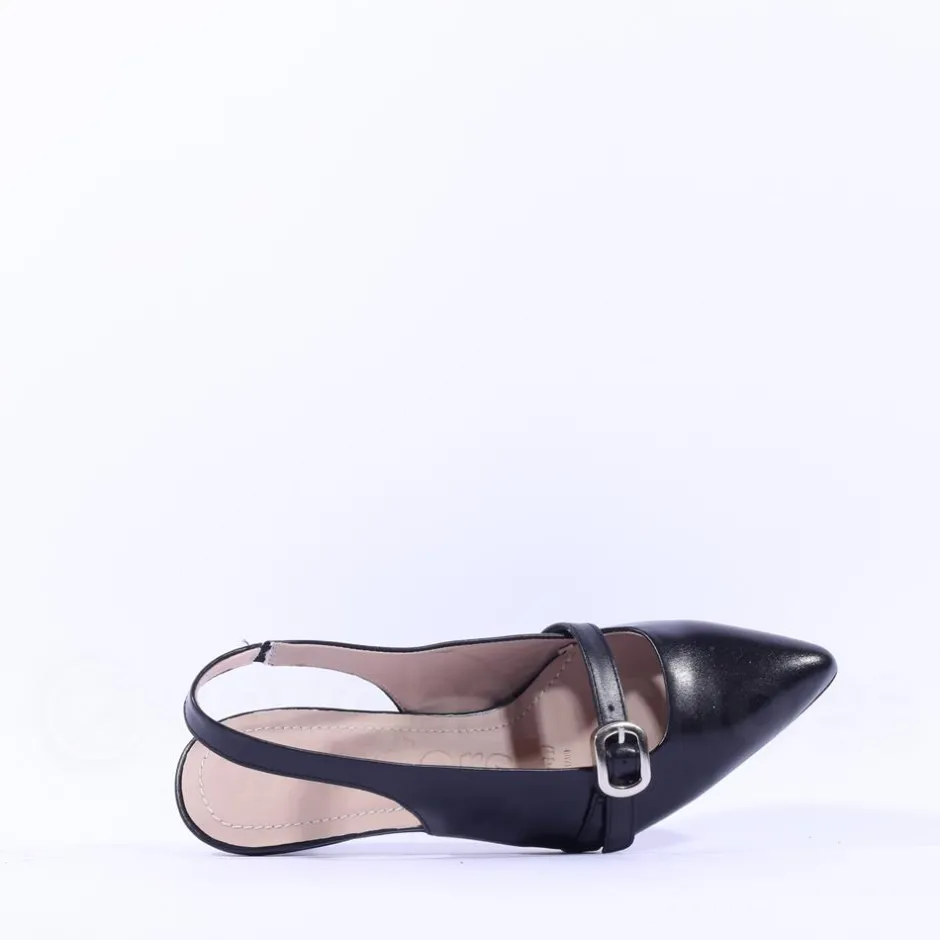 Women Wonders Gaia Kitten Heel Strap Slingback - Black Leather
