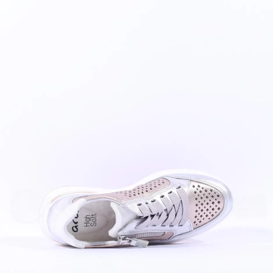 Women Ara Garda Sidezip Lace Wedge Trainer - Metallic Combi