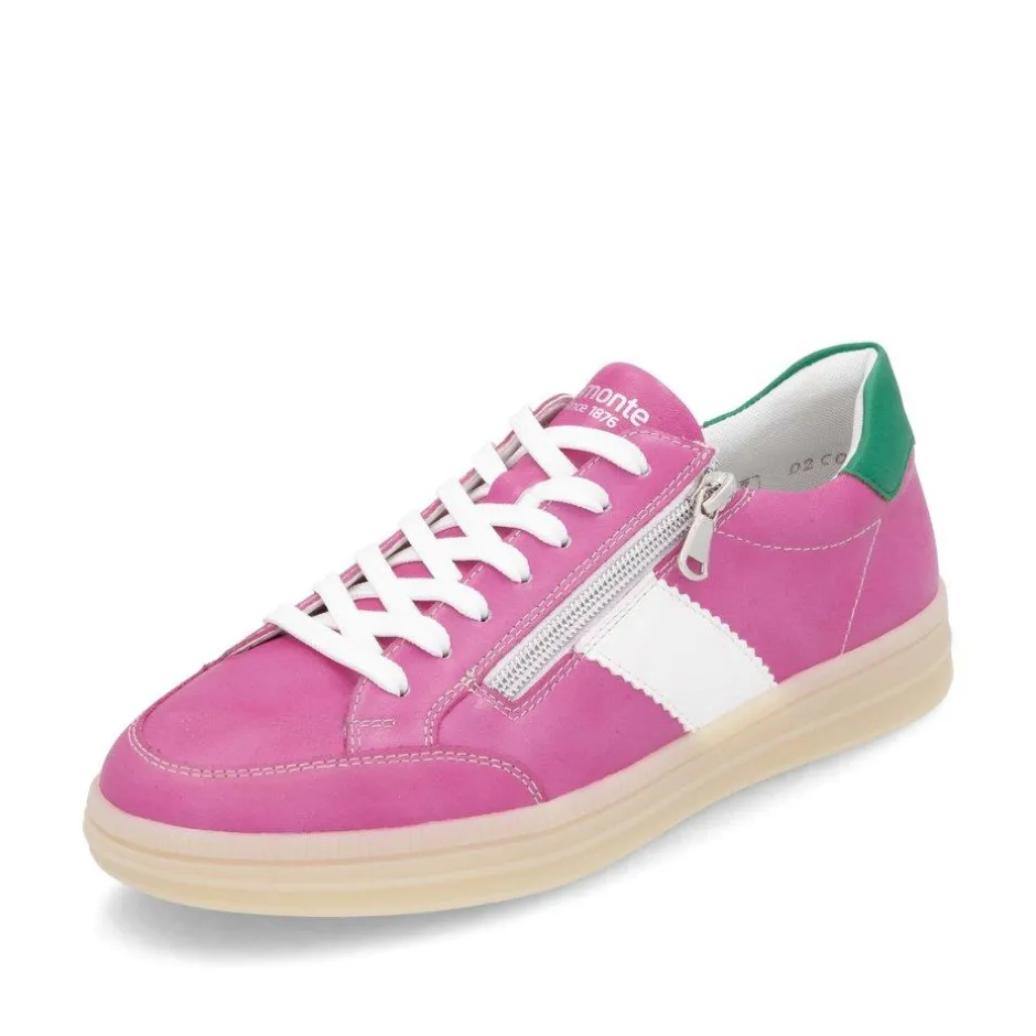 Women Remonte Gum Sole Trainer With Side Zip - Pink Combi Leather