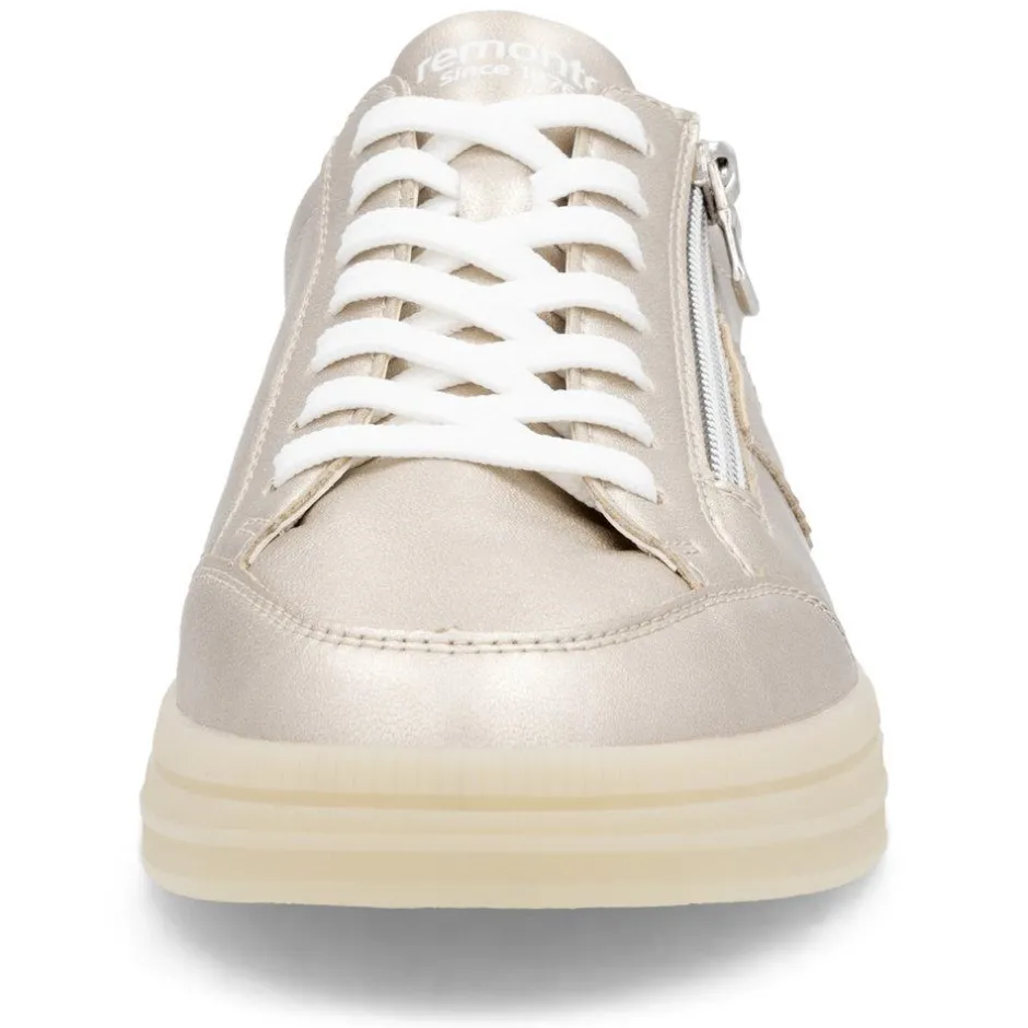 Women Remonte Gum Sole Trainer With Side Zip - Gold Leather