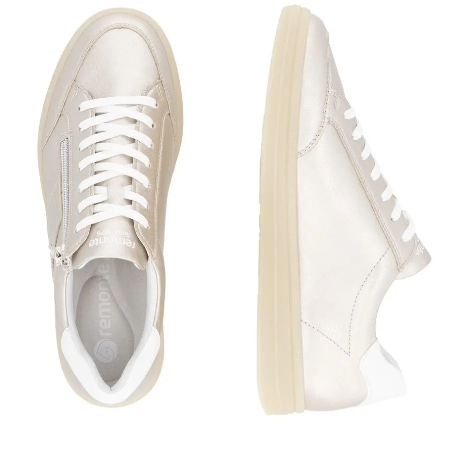 Women Remonte Gum Sole Trainer With Side Zip - Gold Leather