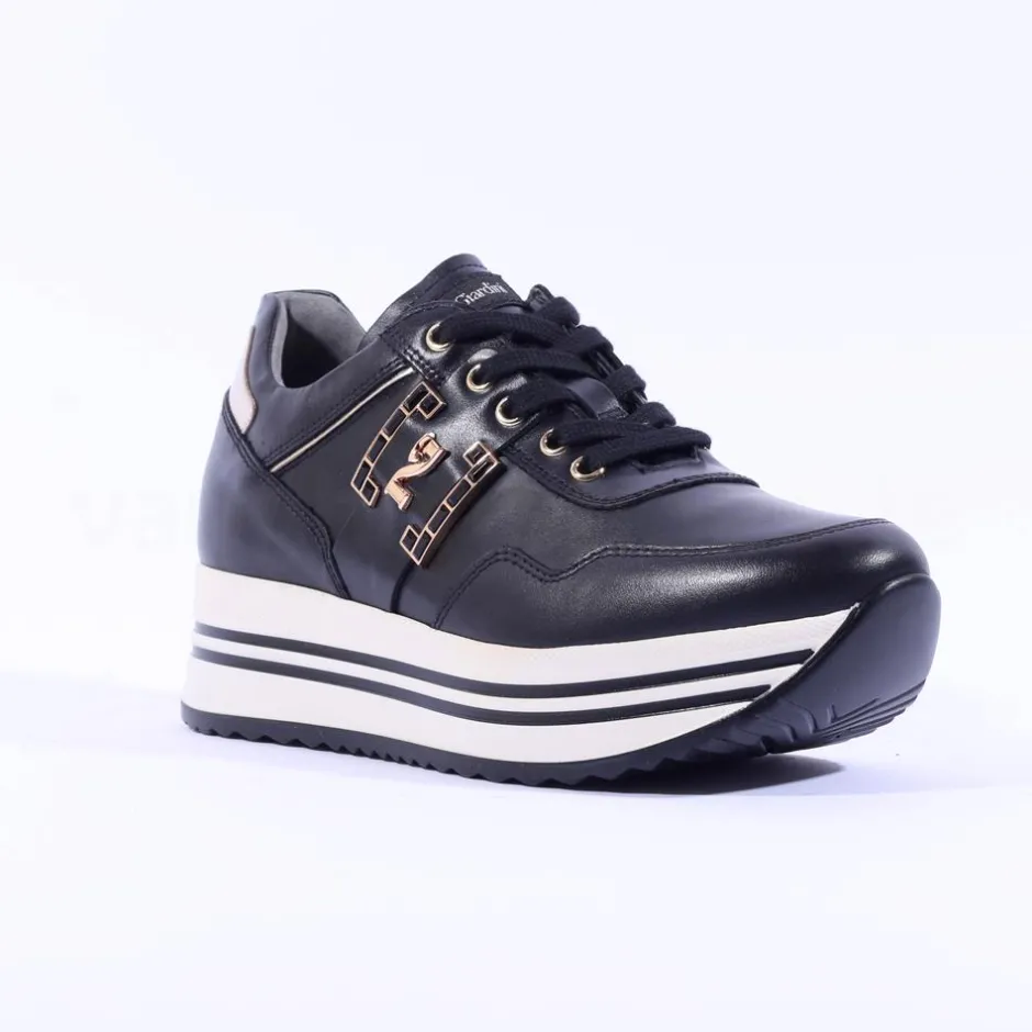 Women NeroGiardini Hi Platform Brooch Trainer - Black Gold Leather