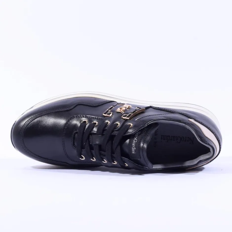 Women NeroGiardini Hi Platform Brooch Trainer - Black Gold Leather