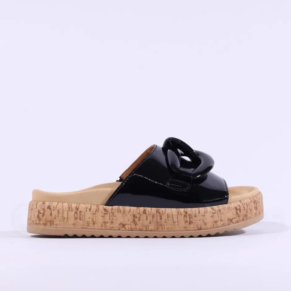Women Gabor Kay Cork Sole Link Mule - Black Patent
