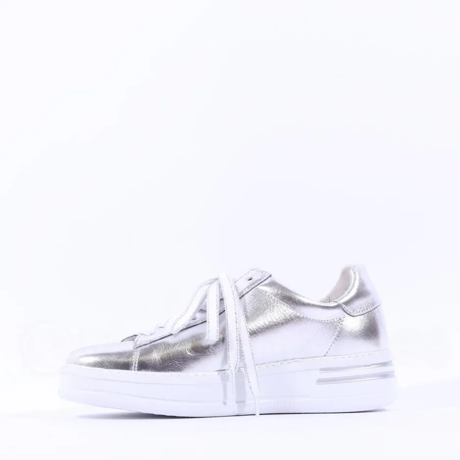 Women Gabor Keystone Platform Lace Trainer - Silver Leather