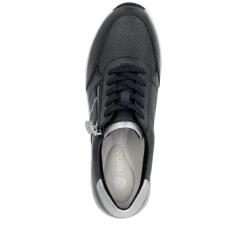 Women Remonte Lace Wedge Trainer With Side Zip - Dark Navy Leather