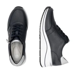 Women Remonte Lace Wedge Trainer With Side Zip - Dark Navy Leather