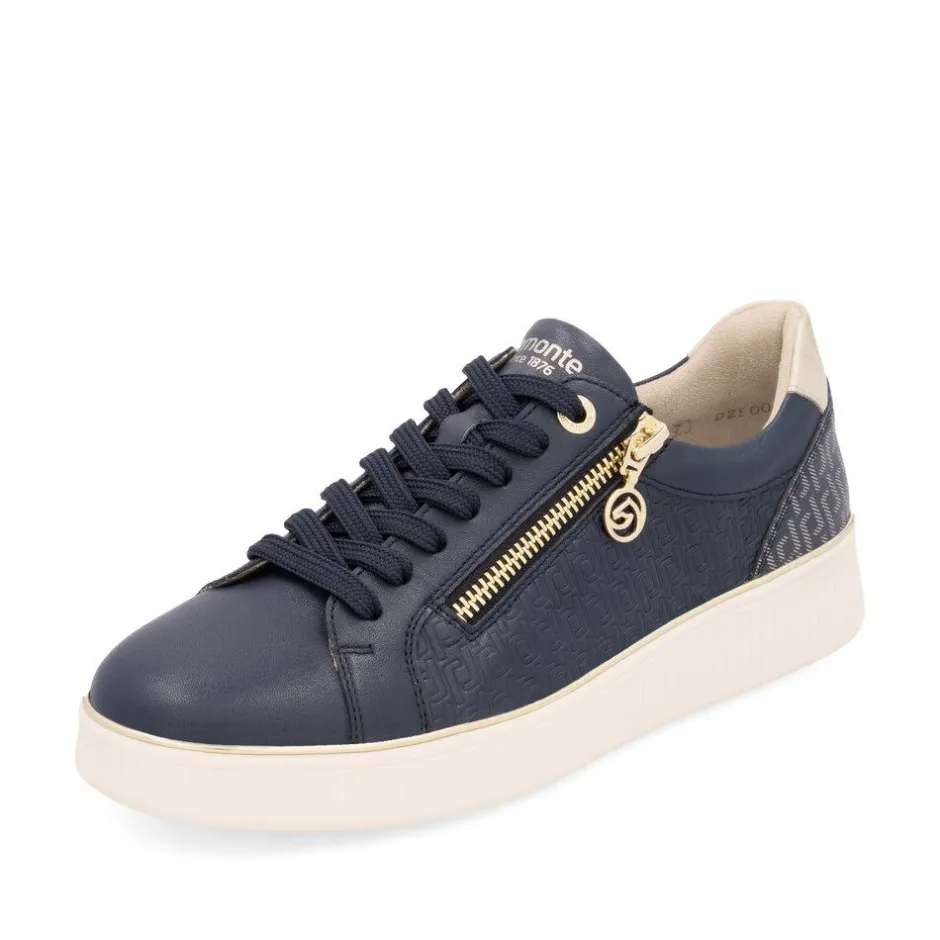 Women Remonte Laced Platform Print Trainer - Navy Combi Lea