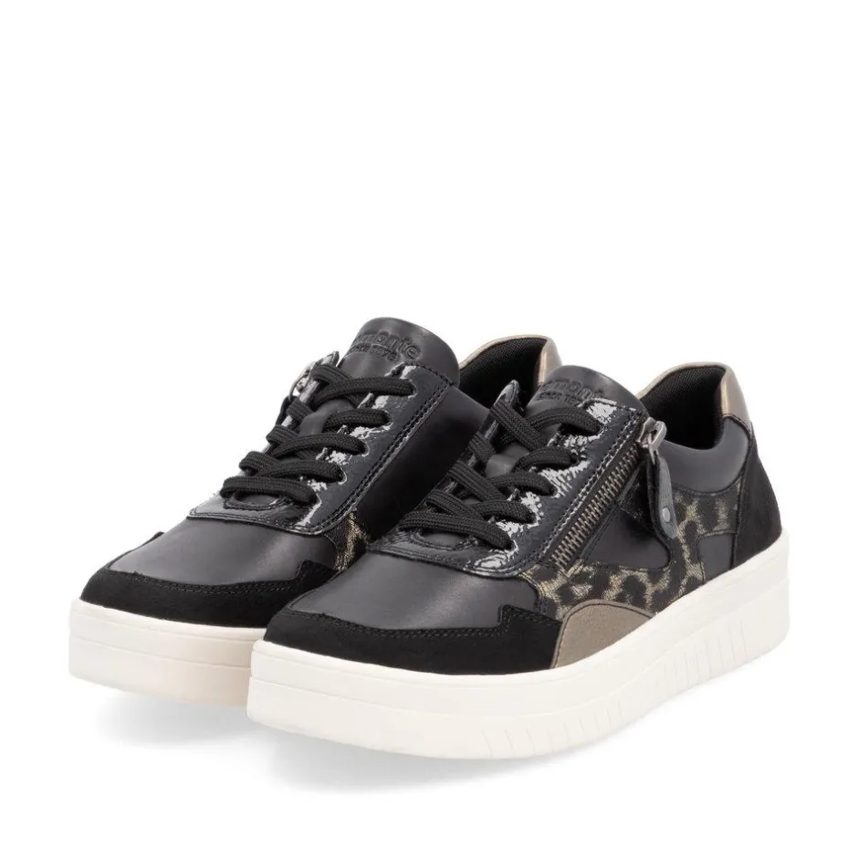 Women Remonte Laced Print Detail Trainer - Black Combi