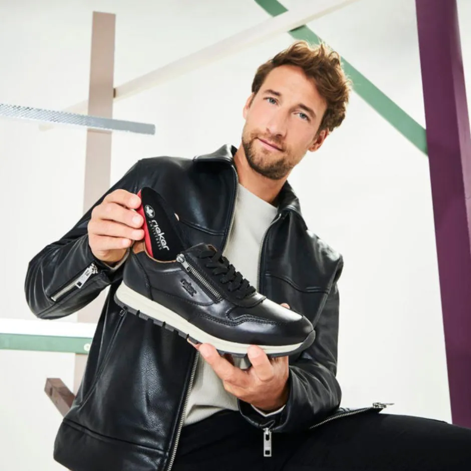 Rieker Men Laced Shoe With Side Zip - Black Tan