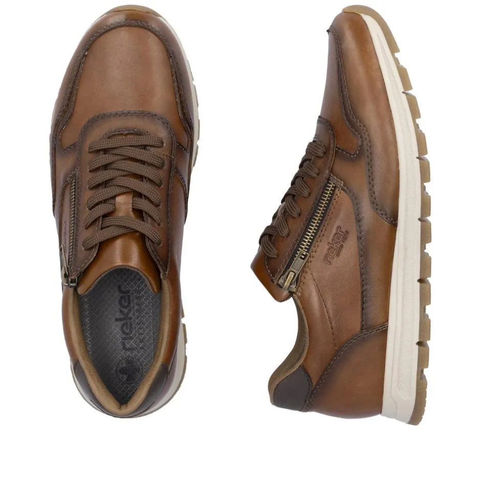 Rieker Men Laced Shoe With Side Zip - Brown Leather